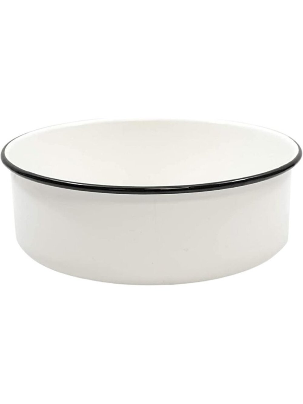 Vintage Enamel Serving Bowl, Round White with Black Rim, Oven Safe, 10.13" x 3.6